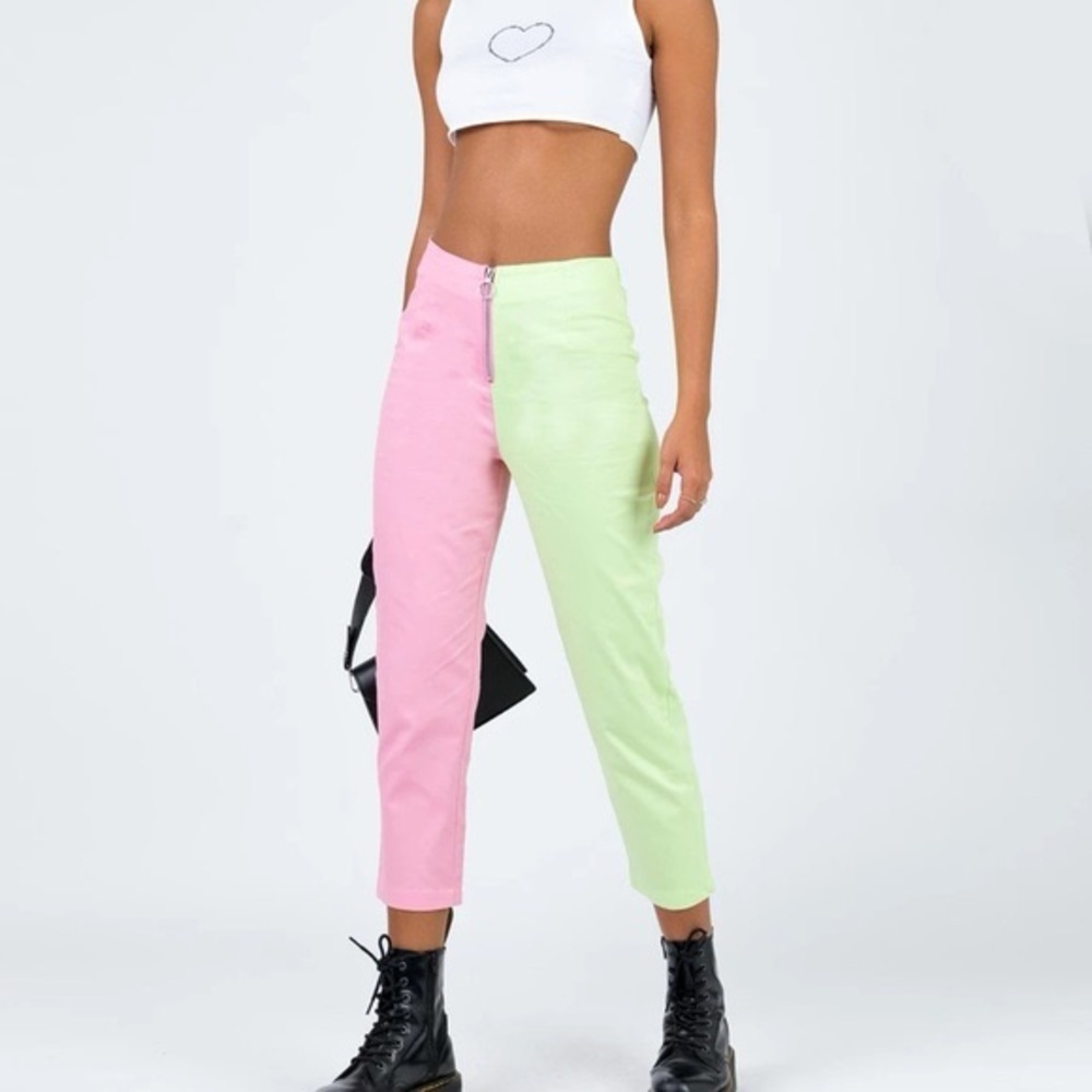 Princess Polly Pastel Two-Tone Ankle Jeans — Pink & Light Green